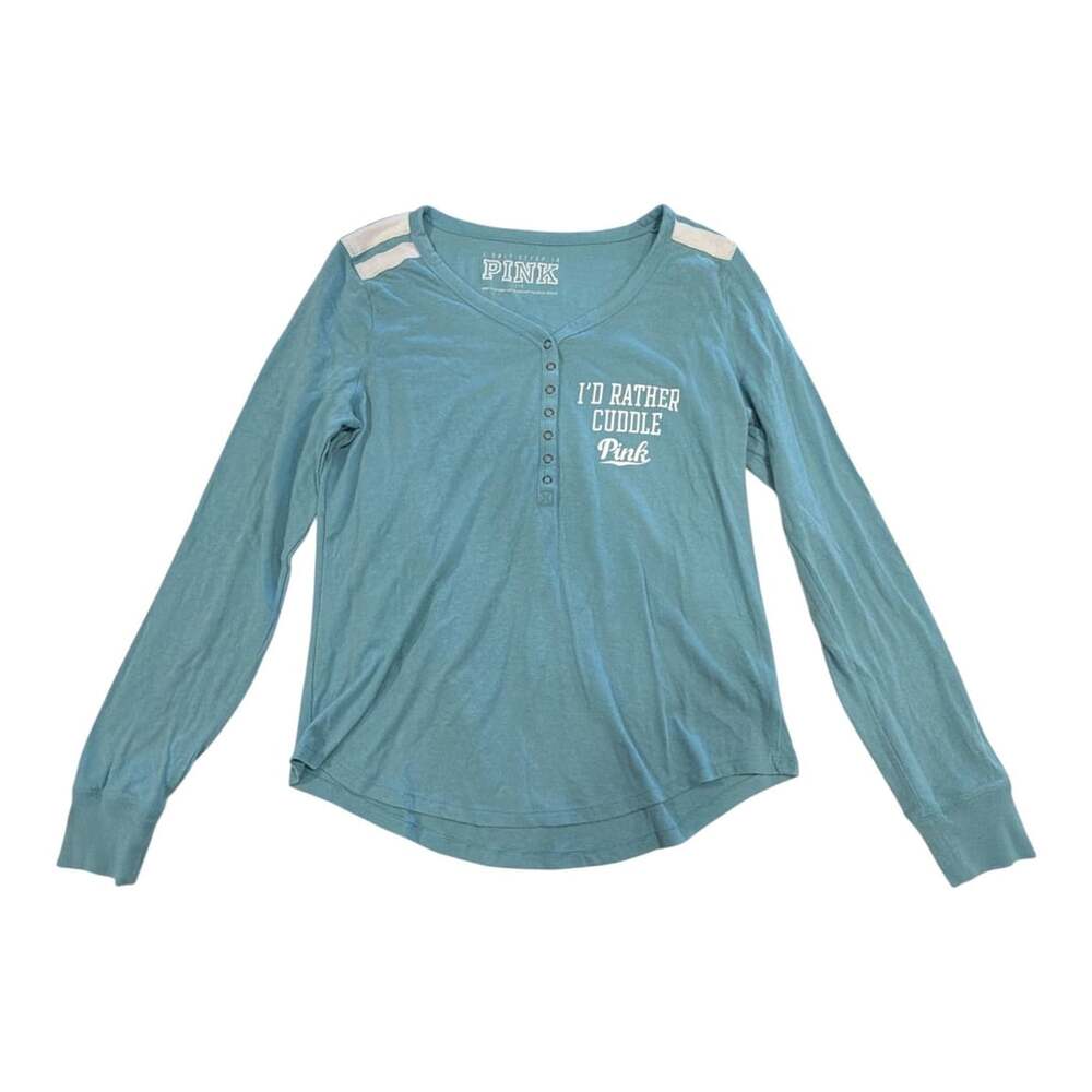 Pink Victoria's Secret I'd Rather Cuddle Long Sleeve Henley Size L Blue